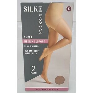 Silk Impressions Hosiery Womens Small Rich Tan New 2 Pair Sheer Medium Support